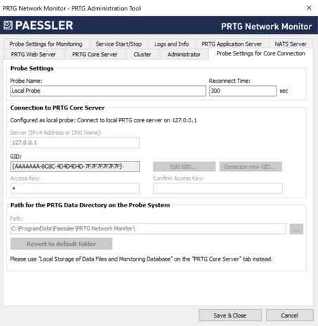 Probe Settings for Core Connection Tab